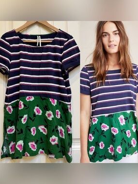 Anthropologie Sonja Top with Blue/Pink/White Stripe and Green Floral . Size M